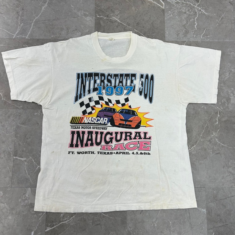 90s Vintage Nascar Interstate 500‎ Graphic Tee Mens XL Distressed Texas Speedway